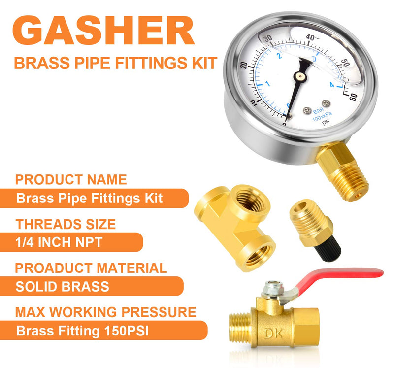[Australia - AusPower] - GASHER 10PCS 1/4" Brass Pipe Fitting Kit, 0-60PSI Pressure Gauge, Brass Nipple & Coupling, Brass T Fitting & Ball Valve with Hex Bushing 1/4" - 1/8" & 3/8" - 1/4" 