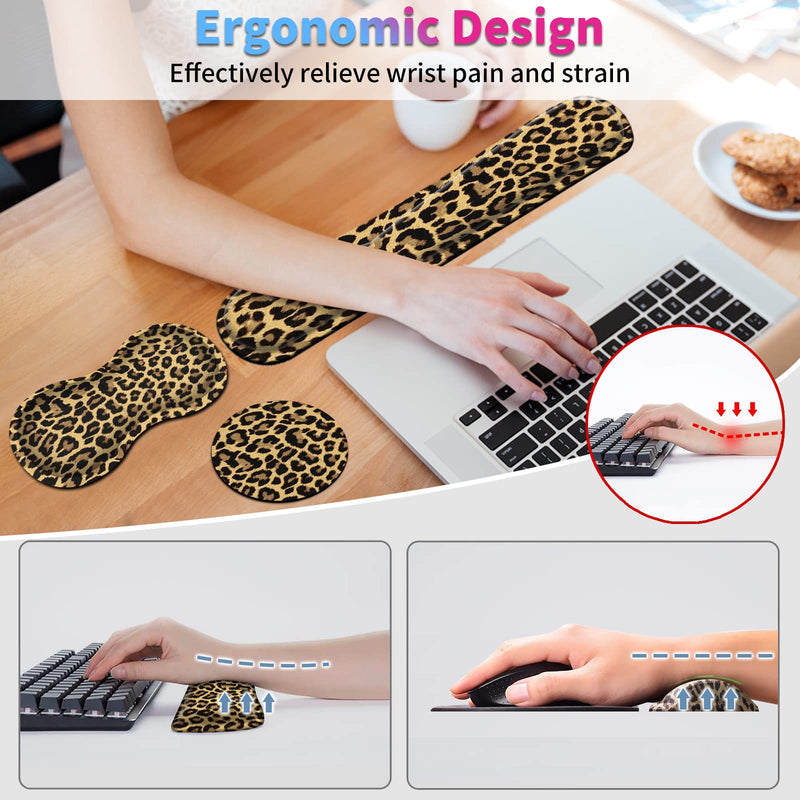 [Australia - AusPower] - Keyboard Wrist Rest + Mouse Wrist Rest + Coaster Set, Ergonomic Memory Foam Easy Typing Pain Relief, Wrist Support Pad for Keyboard and Mouse Computer Laptop, Leopard 