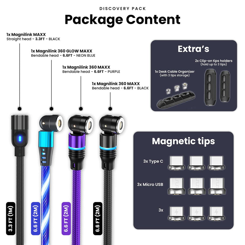 [Australia - AusPower] - MAGNILINK Magnetic Charging Cable Discovery Box (4-Cables Value Pack) - Fast Charging, Data Transfer Capable 3 in 1 USB Magnet Charger - Works with All Devices (Type C, Micro, iProducts) 