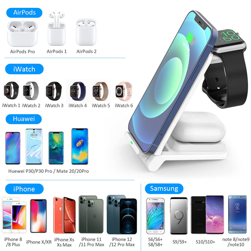 [Australia - AusPower] - i.VALUX 3 in 1 Wireless Charger, Foldable Qi Certified 15W Fast Wireless Charging Station Stand,Compatible with iPhone 13/12/11/XR/Xs Max/Samsung Galaxy,Portable Charger for Phone Apple Watch Airpods White 