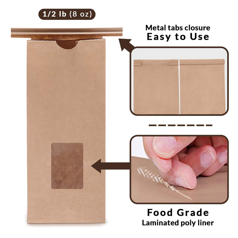[Australia - AusPower] - [75 Pack] Bakery Bags with Window - 1/2 lb (8 oz) Brown Kraft Paper Bag Tin Tie Lock Closure, Small Resealable Coffee Bag, Cookie Packaging for Food Samples, to Go Snacks, Dessert, Party Favors 75 0.50 lb 