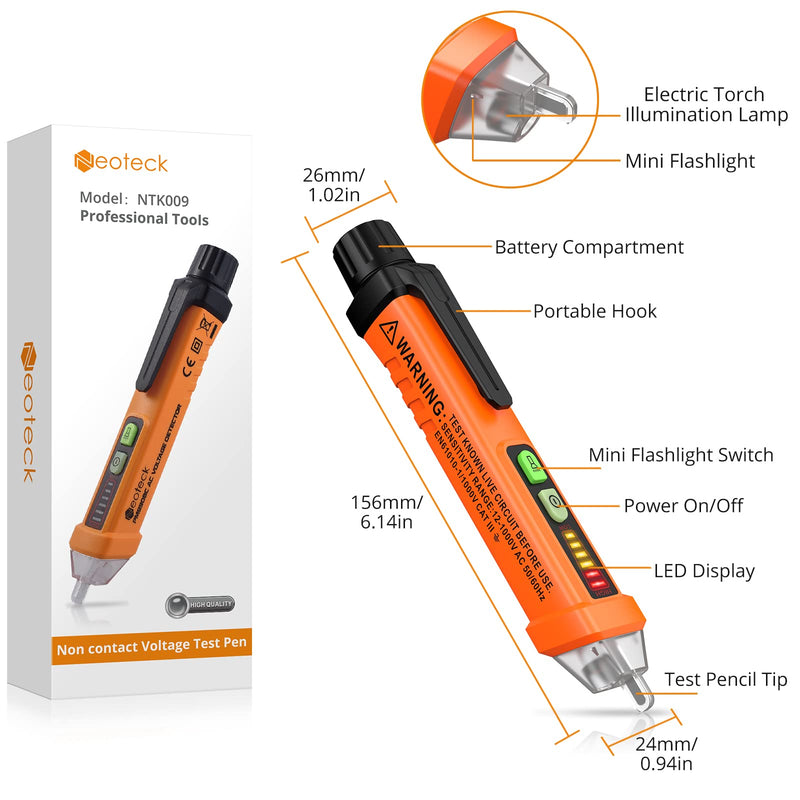 [Australia - AusPower] - Neoteck Non-Contact AC Voltage Tester Pen, AC 12-1000V, LED Flashlight, Buzzer Alarm for Live/Null Wire Judgment Yellow 