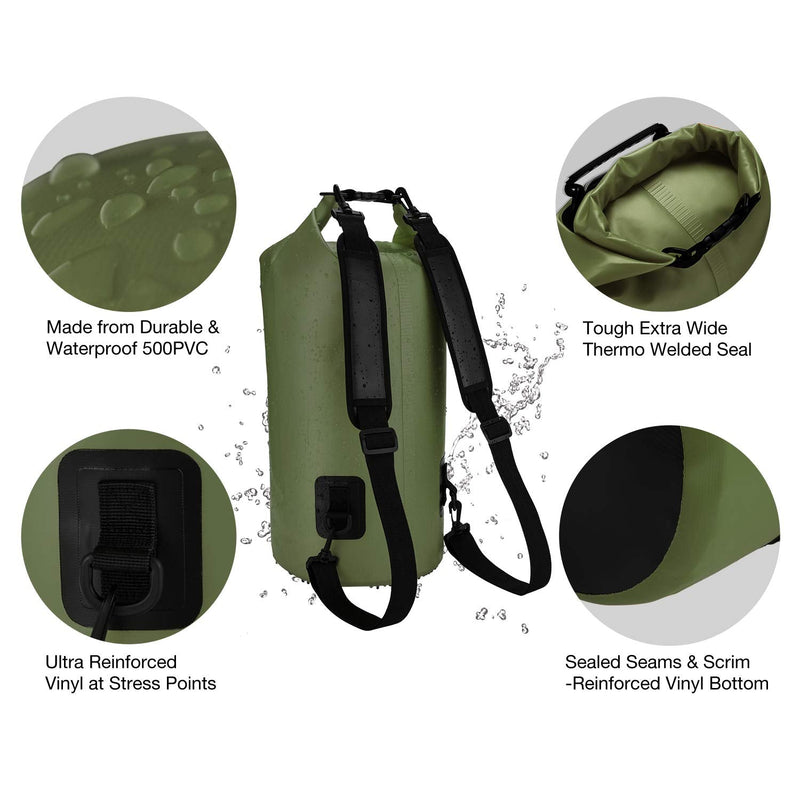 [Australia - AusPower] - Piscifun Waterproof Dry Bag Backpack 5L 10L 20L 30L 40L Floating Dry Backpack with Waterproof Phone Case for Water Sports - Fishing, Boating, Kayaking, Surfing, Rafting Gifts for Men and Women Army Green Dry Bag Combo 