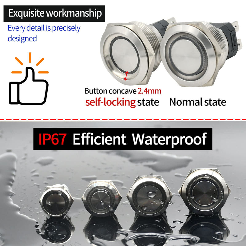 [Australia - AusPower] - 22mm Push Button Switch 15A 24V Latching Momentary 2NO DPST Angel Eye LED Stainless Steel Round Self-Locking 7/8'' with Wire Socket Blue Latching 12V 
