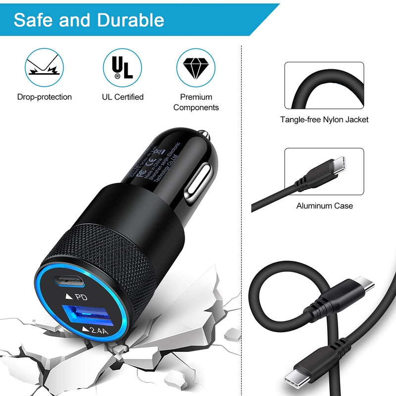 [Australia - AusPower] - USB C Fast Car Charger for Samsung Galaxy S22 S22+ S21 Ultra S21 Plus S20 FE A21 A52 A42 A72 F23 F52 5G Note 20,30W 2 Port Car Charger Adapter + USB C to C Charger Cable for Google Pixel 6 5 5XL 4 4XL 2in1-Black 