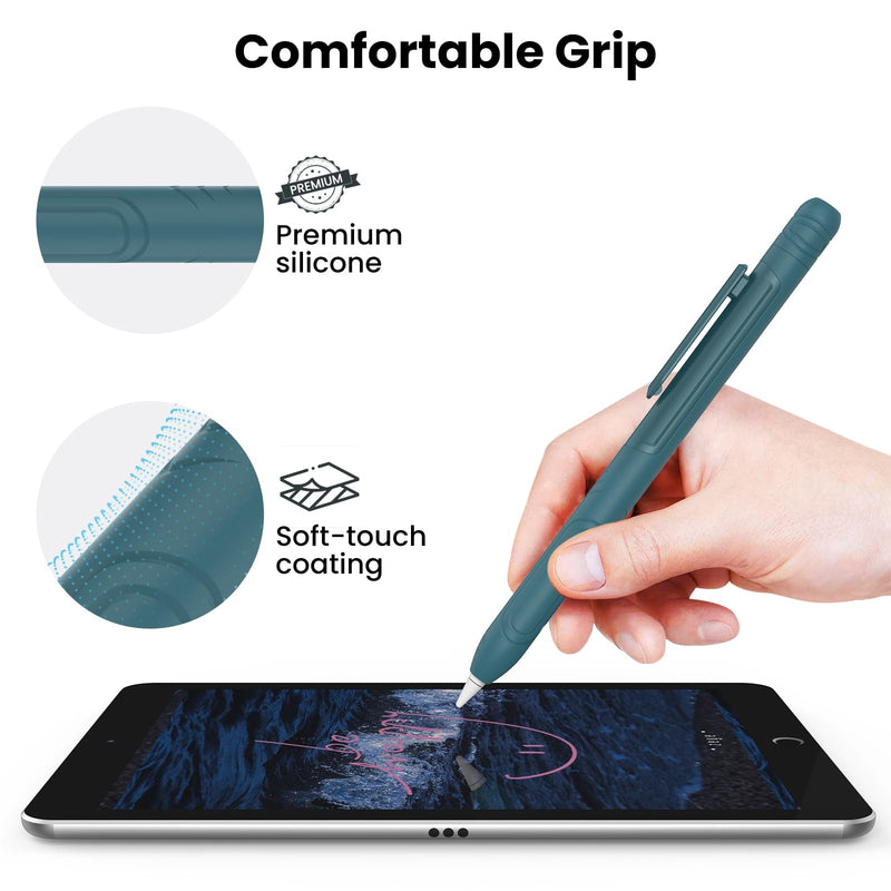 [Australia - AusPower] - Delidigi Pencil Case with Clip for Apple Pencil 1st Generation, Soft Silicone Shockproof Sleeve Protective Cover Grip Accessories Compatible with Apple Pencil 1st Generation Midnight Green 