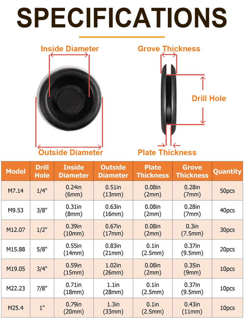 [Australia - AusPower] - 170 PCS Rubber Grommet Firewall Hole Plug Set Electrical Wire Gasket Kit, Rubber Grommets for Wiring Assortment Kit of Drill Hole 1/4" 3/8" 1/2" 5/8" 3/4" 7/8" 1" Rubber Grommet Kit Closed 
