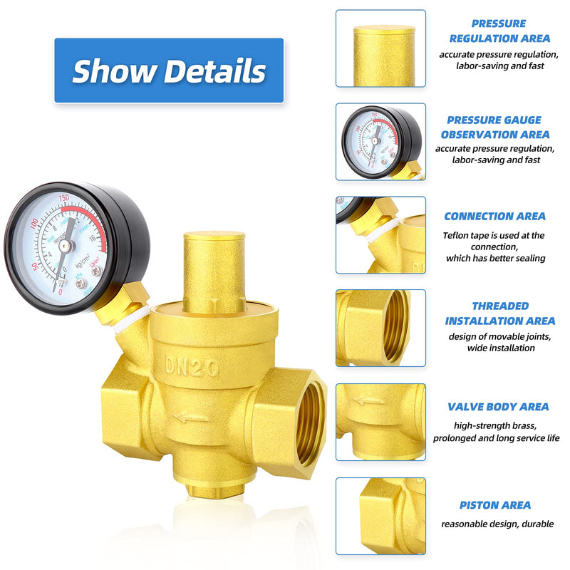 [Australia - AusPower] - MEANLIN MEASURE 3/4 inch brass Water pressure regulating valve, pressure regulating valve, pressure reducing valve, DN20, with 0-250PSI pressure gauge 