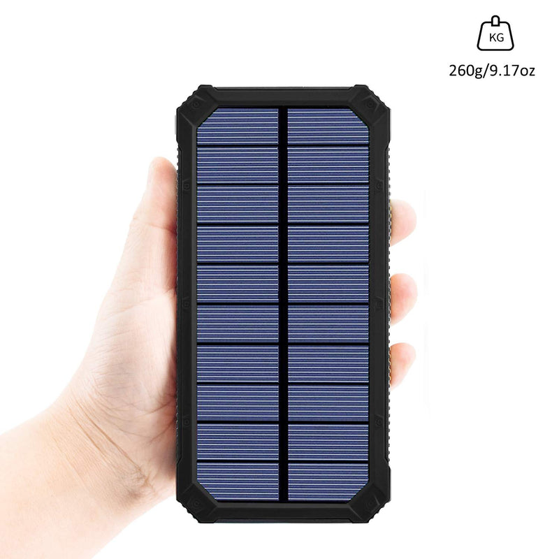 [Australia - AusPower] - Solar Charger, Friengood 15000mAh Portable Solar Power Bank with Dual USB Output Ports, Solar Phone Charger External Battery Pack with 6 LED Flashlight Light for iPhone, iPad, Android and More (Black) Black 