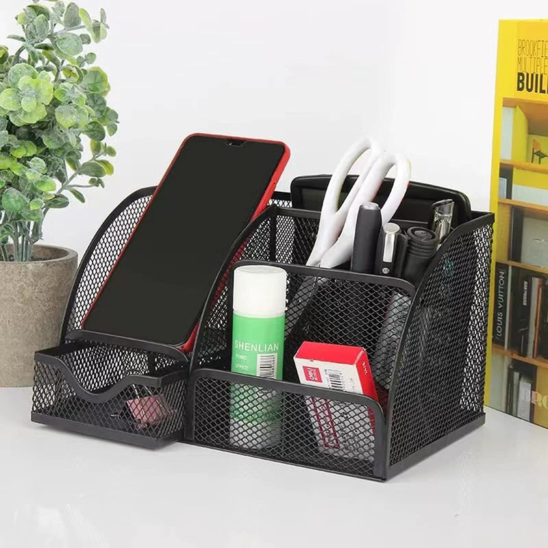 [Australia - AusPower] - Office Desk Organizer and Accessories, Mesh Desk Organizer with 7 Compartments + Drawer, black 