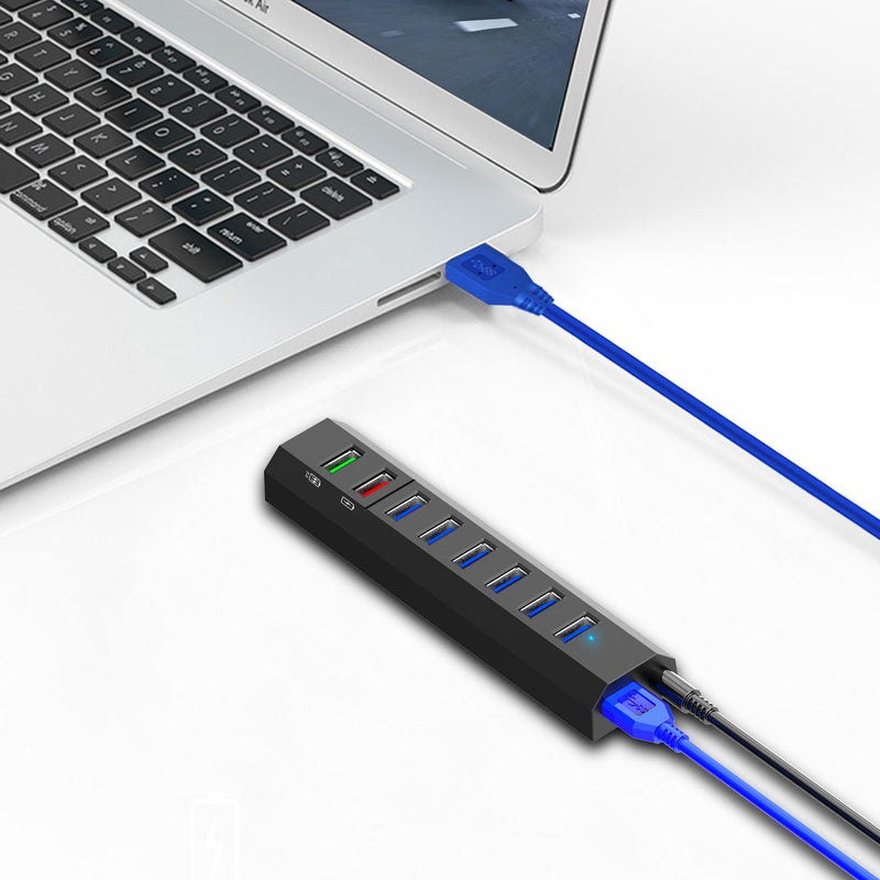 [Australia - AusPower] - 8-Port USB Hub, RAOYI USB Hub 3.0 Powered, 6 Port USB 3.0 Data Hub with 12V Power Adapter, 3.3ft USB Cable for MacBook, Mouse, Laptop, PC, USB Flash Drives, HDD Hard Drive (Black) Black 