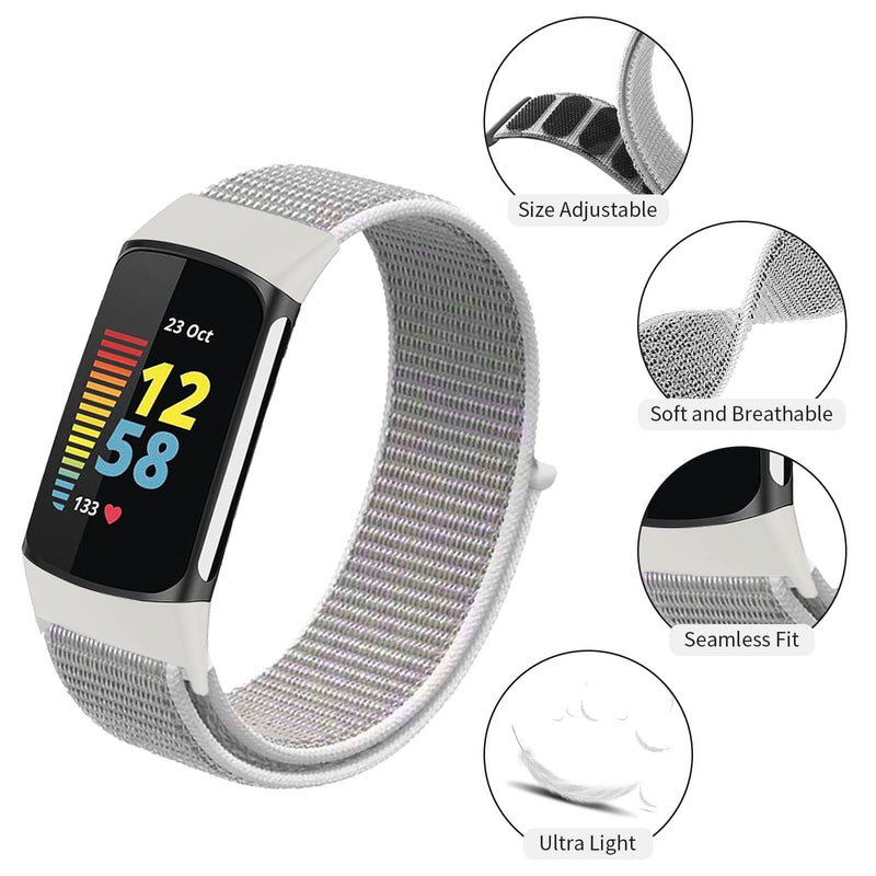 [Australia - AusPower] - Nylon Bands Only Compatible with Fitbit Charge 5 Bands, Soft Breathable Adjustable Replacement Nylon Loop Wristband Sport Strap for Women Men, Black, Large 