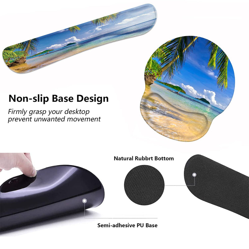[Australia - AusPower] - Keyboard Wrist Rest and Mouse Pad Wrist Support Set with Coasters, Non-Slip PU Base Ergonomic Gaming Mousepad for Home Office Working Studying Easy Typing & Pain Relief, Shore Palms Tropical Beach 