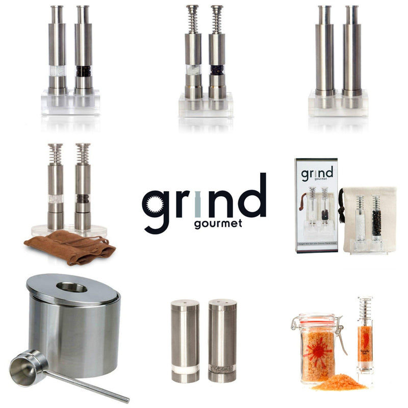 [Australia - AusPower] - Modern Push Button Salt and Pepper Grinder Set, Grind Gourmet Pump and Grind Sea Salt and Pepper Mill Set with Stand, Refillable Grinder 