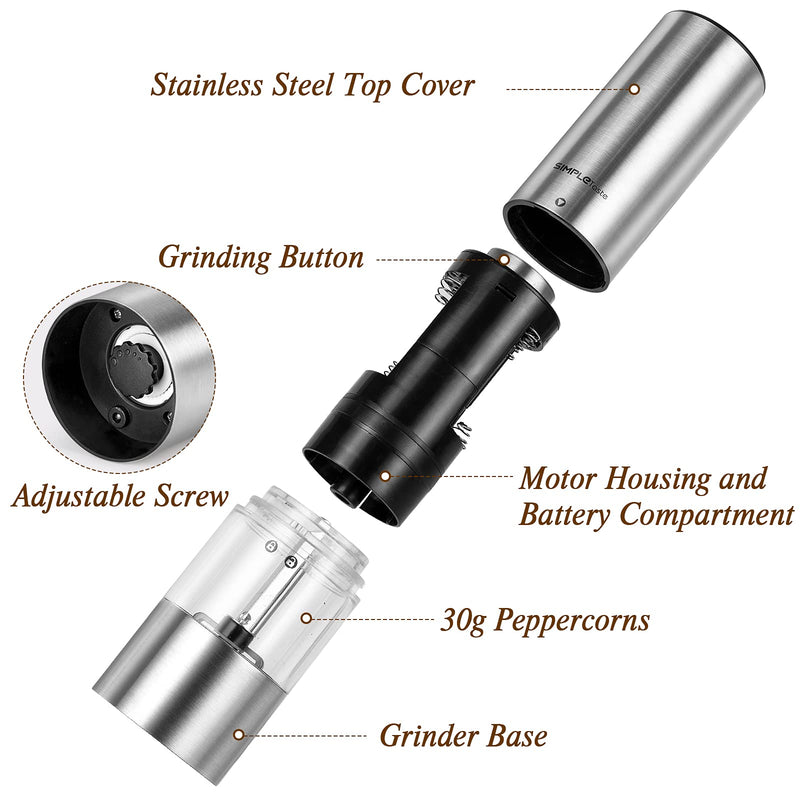 [Australia - AusPower] - SIMPLETASTE Electric Pepper Grinder Mill, Salt and Pepper Grinder Set with Automatic Operation and Adjustable Coarseness, Battery Operated, Stainless Steel, Set of 2 