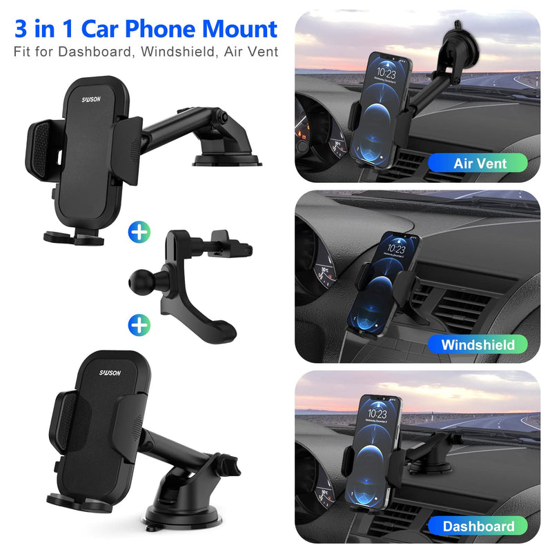 [Australia - AusPower] - SUUSON Car Phone Holder Mount -3in1 Long arm Car Phone Holder, Suitable for car Dashboard/Windshield/Vent, car Adjustable Phone Holder, Compatible with All Smart Phones and Cars (Black) 