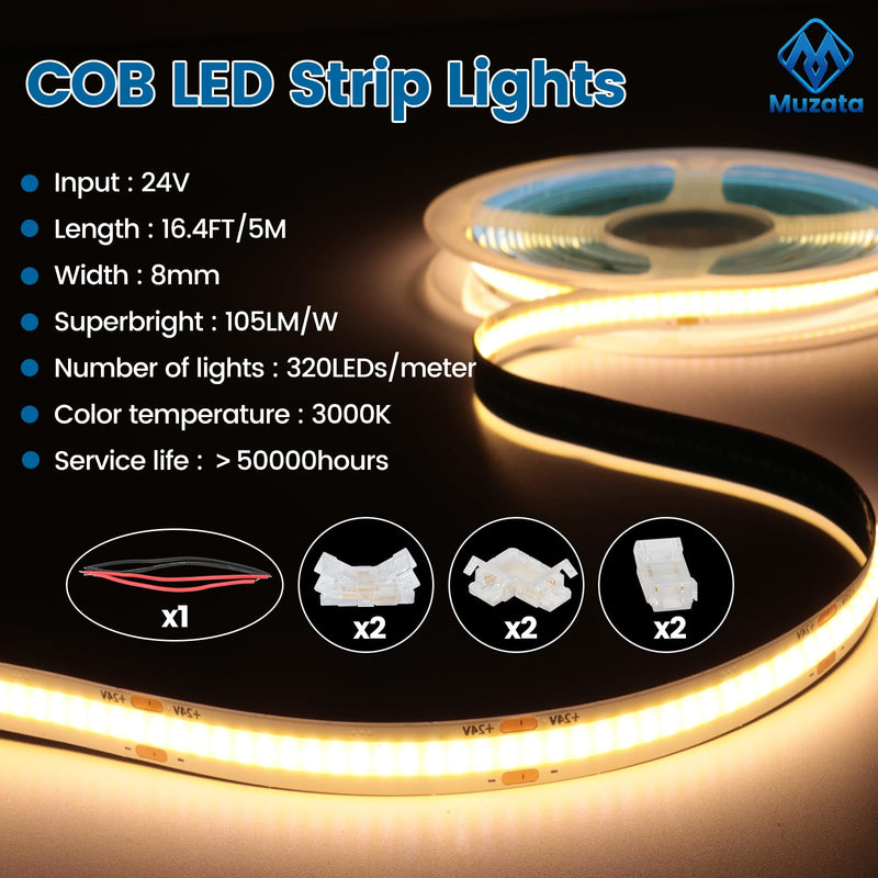 [Australia - AusPower] - Muzata 16.4FT/5Meter Spotless COB LED Strip Lights 3000K 320LED/m Warm White and 16.5Ft/5M Silicone LED Channel Flexible Tube for DIY Neon LightIP67 Water & Dust USC5 