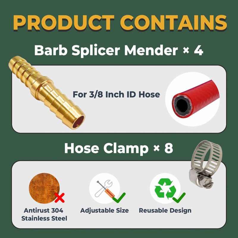 [Australia - AusPower] - LIONMAX Barb Splicer Mender, 3/8 Inch to 3/8 Inch Barb Hose ID,(4 PCS), Brass Barb Union Hose Fittings, with 8 Hose Clamps, for Air/Water/Fuel/Oil 