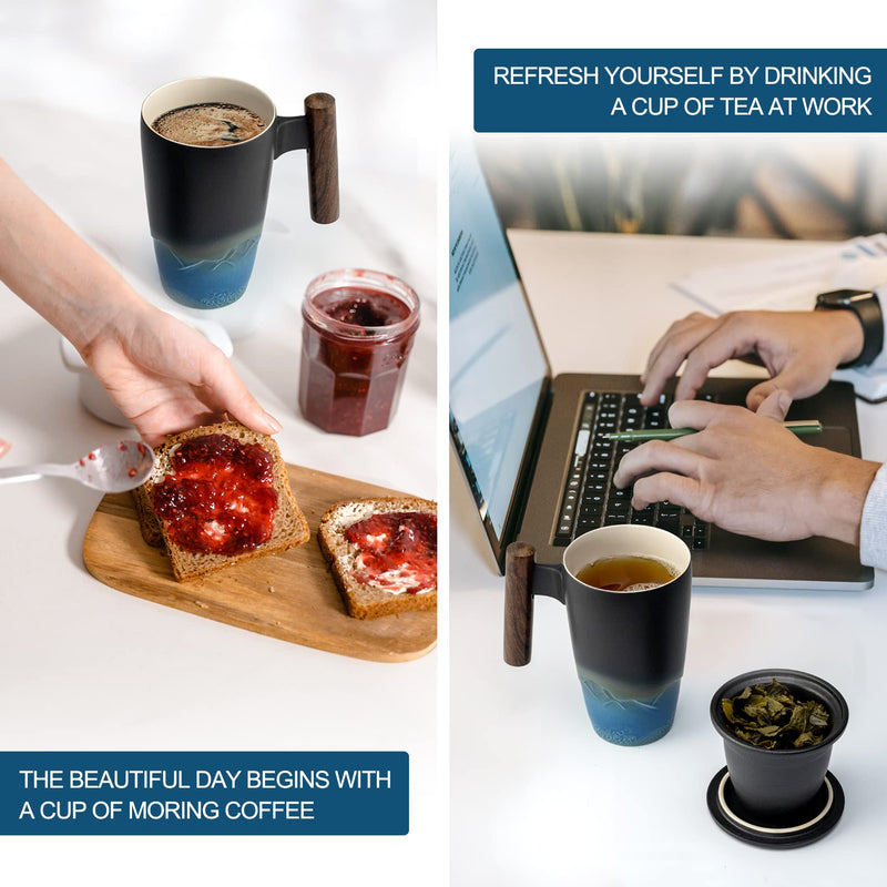 [Australia - AusPower] - suyika Tomotime Ceramic Tea Cup with Infuser and Lid Tea Mugs Wooden Handle 400ml/13.5oz Black cyan 