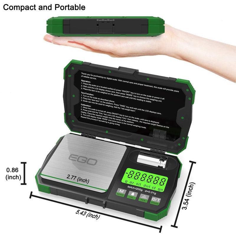 [Australia - AusPower] - Gram Scale Pocket Size, 200/0.01g Small Scale w/ Tray, Herb Coin Scale LCD Backlight Arrow Scale with USB Power Supply Port Read in 6 Units 50g Calibration Weight Included Green 