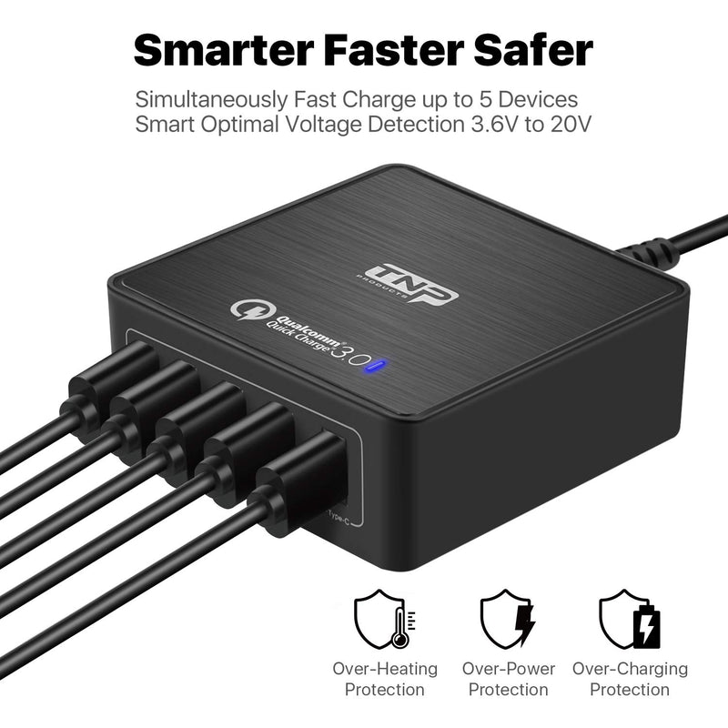[Australia - AusPower] - TNP USB Fast Charger 5 Multiple Port 40W Quick Charging 3.0 Power Adapter Station with USB Type C for Galaxy S20 S10 S8, Compatible iPhone 11 Pro Max XS Max XR X 8 7 Plus, Ipad, Pixel, Tablet and More 1 USB-C + 4 USB-A (40W) Black 