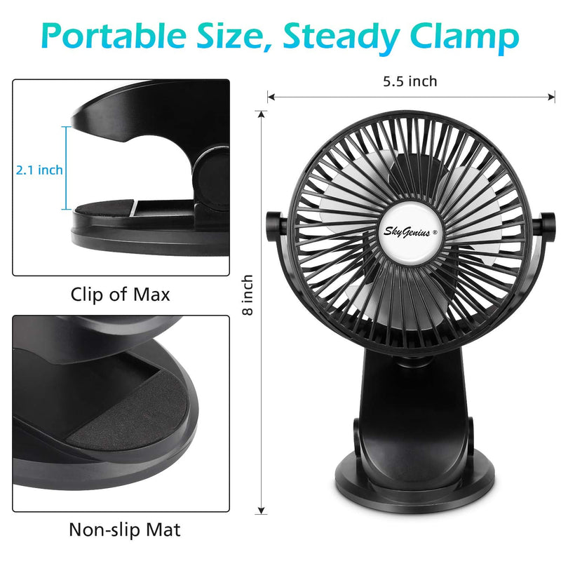 [Australia - AusPower] - SkyGenius Battery Operated Stroller Fan, Rechargeable USB Powered Mini Clip on Desk Fan Black 