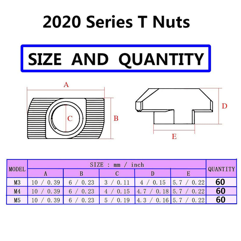 [Australia - AusPower] - Socell 180Pcs 2020 Series T Nuts,M3 M4 M5 T Slot Nut Hammer Head Fastener Nut Nickel Plated Carbon Steel Assortment Kit for 20 Series Aluminum Profile - Nickel Plated Carbon Steel 