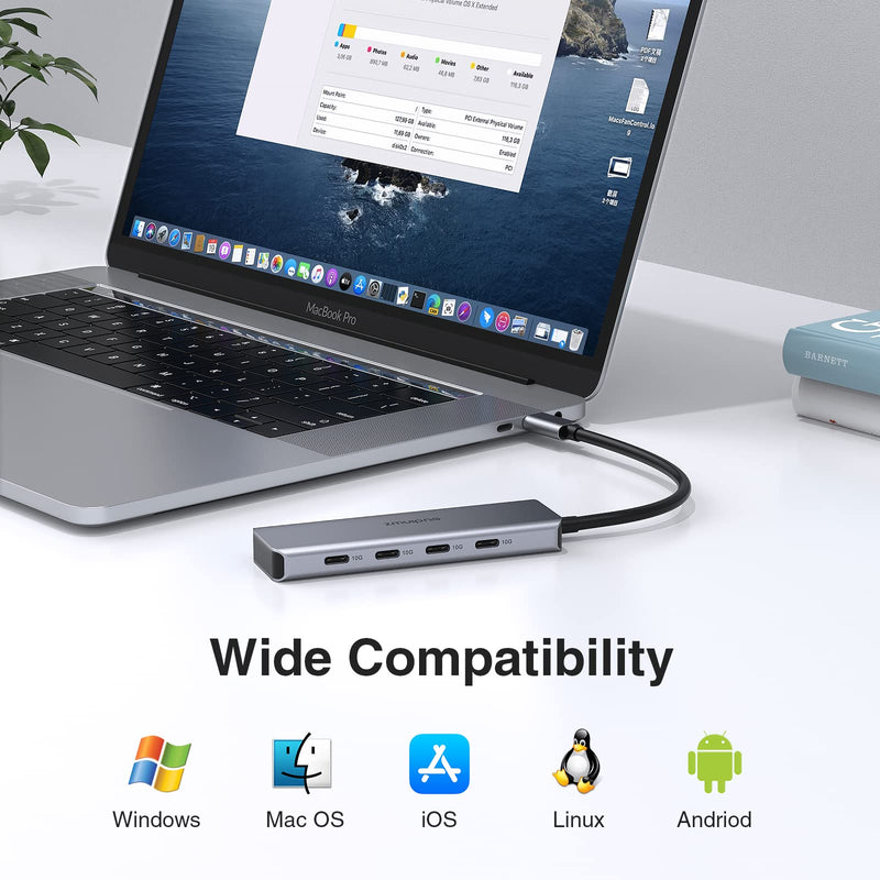 [Australia - AusPower] - USB C Hub 10Gbps,USB C Splitter for Laptop with 4 USB 3.0 Ports,USB C to USB C Multiport Adapter for MacBook Pro/Air,iMac,iPad,Phone,Dell,HP,Lenovo,Surface Pro,Chromebook(Not Support Charging/Monitor) 10 Gbps USB C Hub 