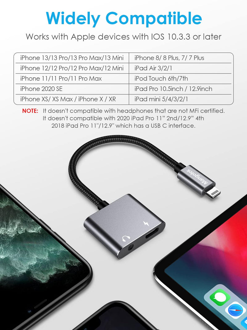 [Australia - AusPower] - Mangotek Replacement for iPhone Charger and Headphones Adapter iPhone Splitter, MFi iPhone Charger and Aux Adapter Earphone Audio Dual Lightning Charging Dongle for iPhone 13 12 11 Pro Max 7 8 SE X XS 3.5mm Audio + Lightning Charge Grey 