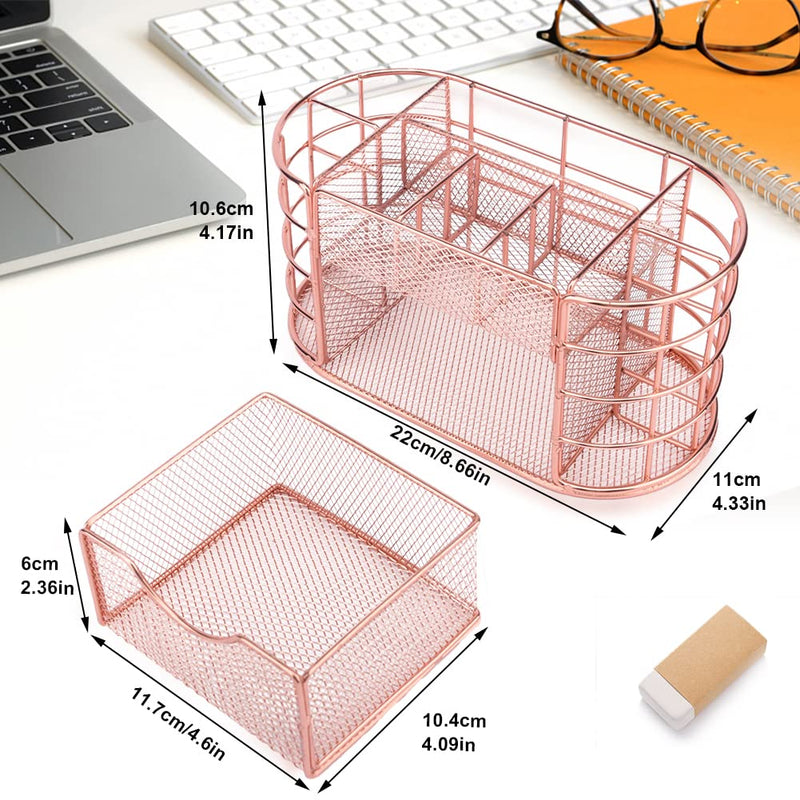 [Australia - AusPower] - Desk Organizer with 9 grids + 72 Accessories(Clips and Pins), Large Capacity Metal Mesh Pencil Holder Office Supplies Organization with Drawer, for Office, Home, School (Rose Gold) 