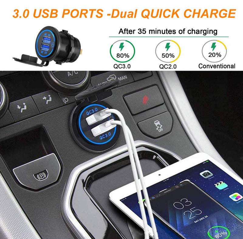 [Australia - AusPower] - [2 Pack] Quick Charge 3.0 Car Charger with Switch, ADSDIA 12V/24V 36W Waterproof Dual QC3.0 USB Fast Charger Socket Power Outlet for Marine, RV, Boat, Motorcycle, Truck, Golf Cart and More 