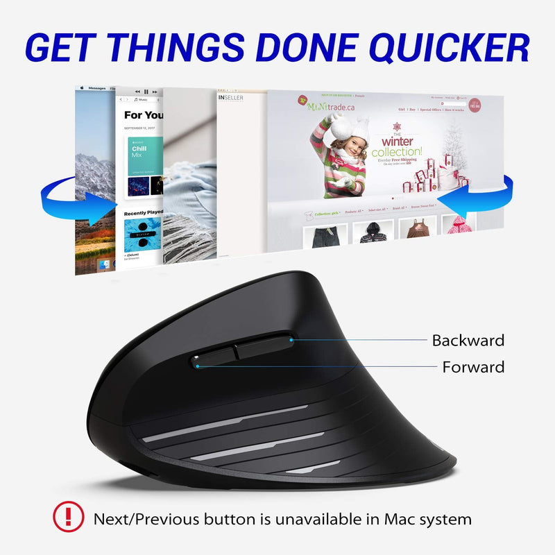 [Australia - AusPower] - Ergonomic Mouse, iClever Chargable Vertical Mouse Wireless 6 Buttons with Adjustable DPI 1000/1600/2000/2400 Comfortable 2.4G Optical Ergo Mouse for Laptop, Computer, Desktop, Windows, Mac OS-Black 