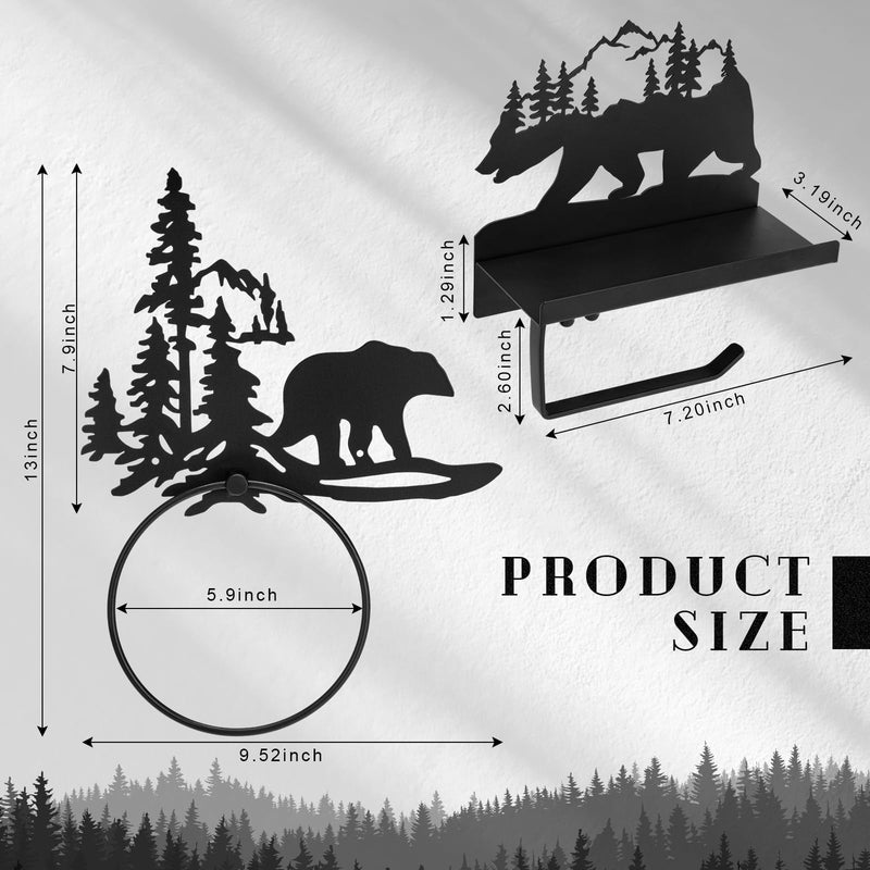[Australia - AusPower] - Funrous 2 Pcs Bear Toilet Paper Holder Bear Towel Ring Holder for Bathroom, Black Bear Cabin Decor Bear Bathroom Towel Holders with Shelf Wall Mount Forest Farmhouse Towel Rack for Bathroom Kitchen 