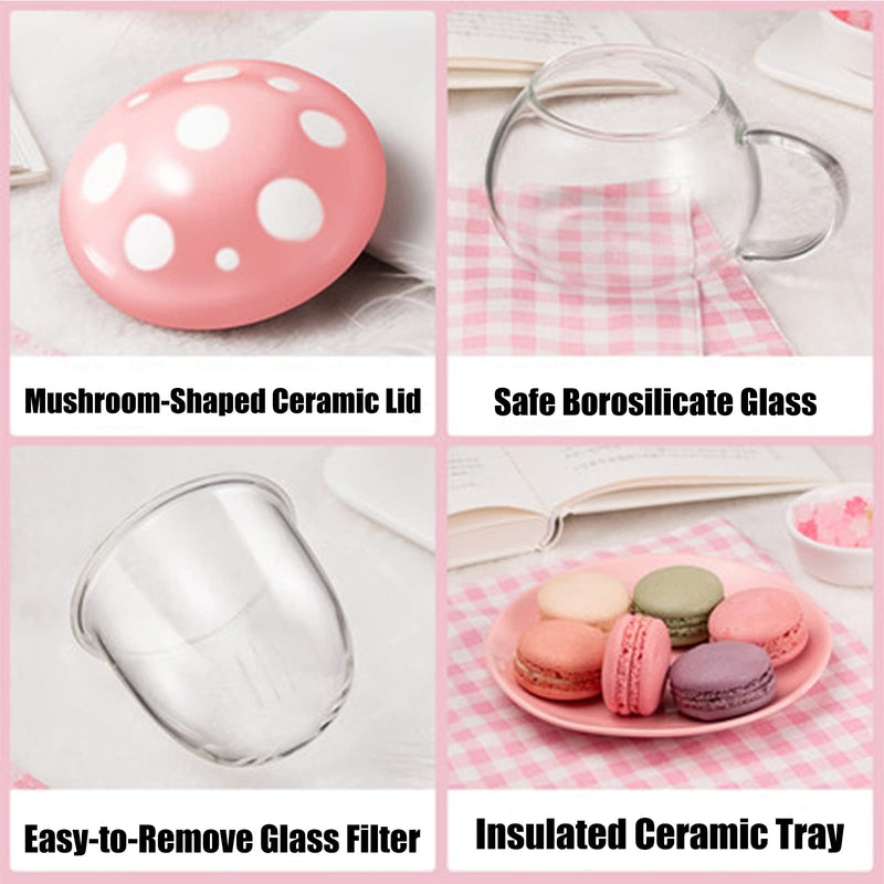 [Australia - AusPower] - Mushroom Cup Cute Glass Tea Cup with Infuser and Lid Kawaii Mushroom Mug Set Coffee Teapot with Ceramic Coasters 11oz (Orange) Orange 