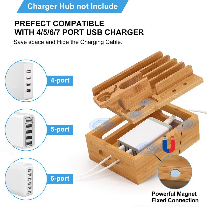 [Australia - AusPower] - Pezin & Hulin Bamboo Charging Station for Multiple Devices, Desktop Docking Station Organizer for Smarthone, Smart Watch, Earbuds, Cellphone, Tablet, (Included 5 Charging Cables, No USB Charger) 