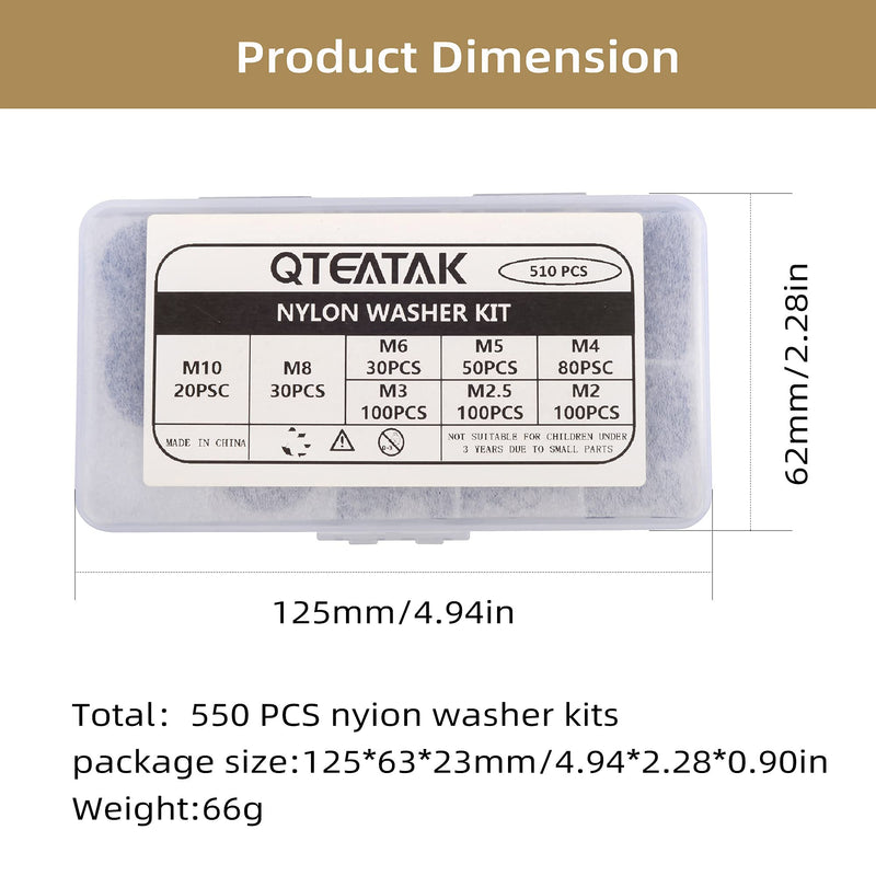 [Australia - AusPower] - QTEATAK 510 Pcs Black Nylon Flat Washer Assortment Kit for Electrical Connections on Household & Commercial Appliances, (M2 M2.5 M3 M4 M5 M6 M8 M10) 