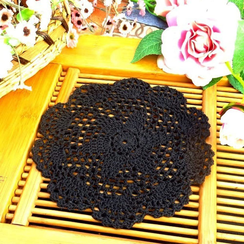 [Australia - AusPower] - 8 Inch Doilies Crochet Round Lace Doily Handmade Placemats 100% Cotton Crocheted Coasters, 4PCS (Black) Black 