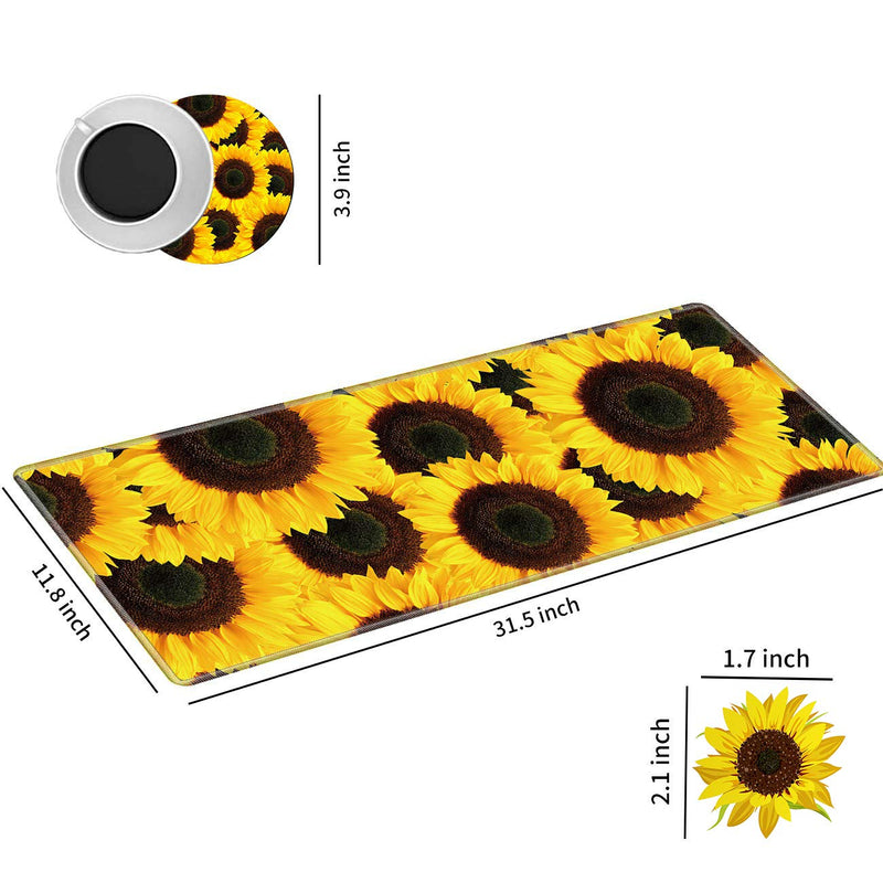 [Australia - AusPower] - Large Gaming Mouse Pad Non-Slip Keyboard Pad Soft Extended Desk Mat Desktop Writing Pad (31.5"×11.8") with Yellow Sunflower Design for Home & Office + Cup Coaster and Cute Stickers 