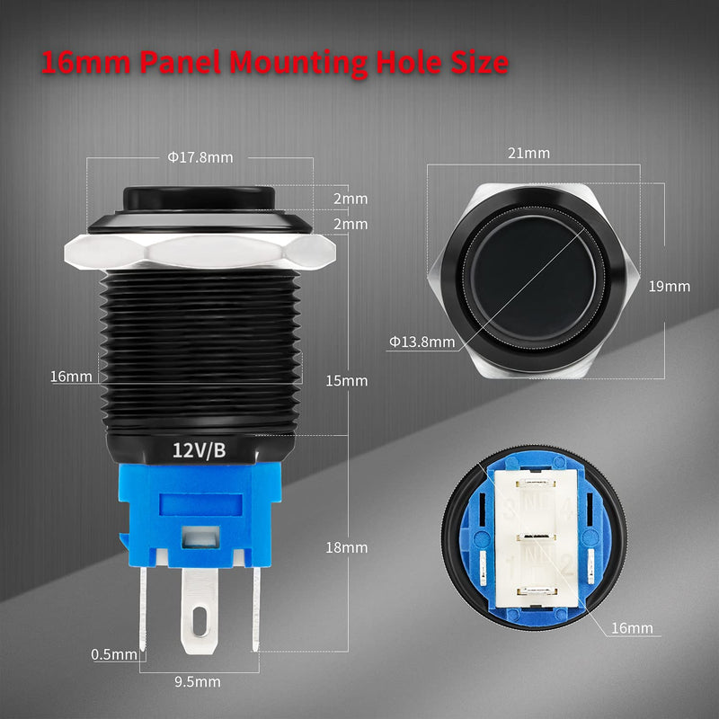 [Australia - AusPower] - DaierTek Latching Push Button Switch 12V Pushbutton Switch Blue LED 12 Volt Push Button Switch Metal Waterproof ON Off Switch 16mm with Label -5Pack 