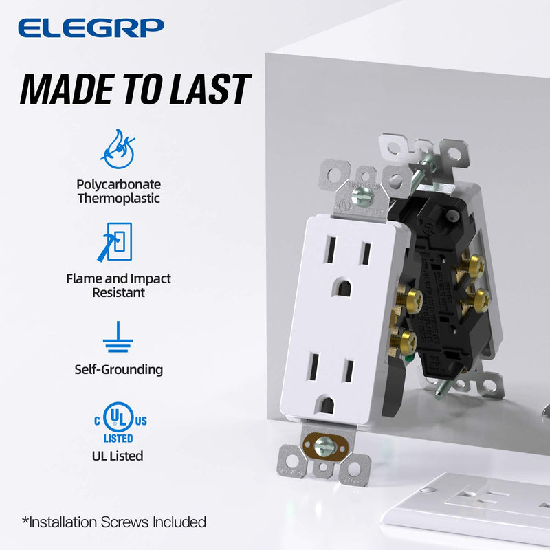 [Australia - AusPower] - ELEGRP Decorator Receptacle, 15A 125V Standard Electrical Wall Outlet, 2 Pole 3 Wire, Non- tamper Resistant, NEMA 5-15R, Self-Grounding Residential Grade Outlet, UL (Glossy White, 10 Pack) Decorator Outlet 