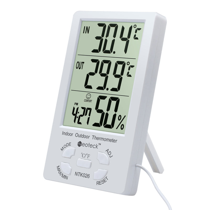 [Australia - AusPower] - Neoteck 3 in 1 Thermometer Hygrometer with Clock Large LCD Display, Digital Humidity Temperature Meter 1.5m Sensor Wire for Indoor Outdoor Use 4.9ft 