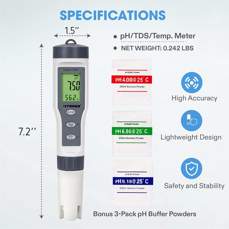[Australia - AusPower] - VIVOSUN 3-in-1 Digital pH Meter with ATC, ±0.1 pH Accuracy Water Quality Tester, 0-14.0 pH Measurement Range for Hydroponics, Household Drinking, Pool and Aquarium Gray 