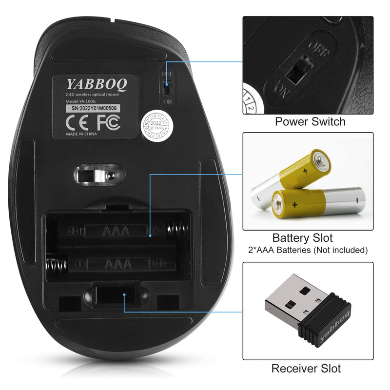 [Australia - AusPower] - YABBOQ Computer Wireless Mouse , Ergonomic Wireless Mouse with 6 Buttons, 1 Scroll Wheel and Level 3 Adjustable DPI, 2.4G Wireless Optical Mouse, Compatible with Laptop, PC, MacBook, Desktop - Black 