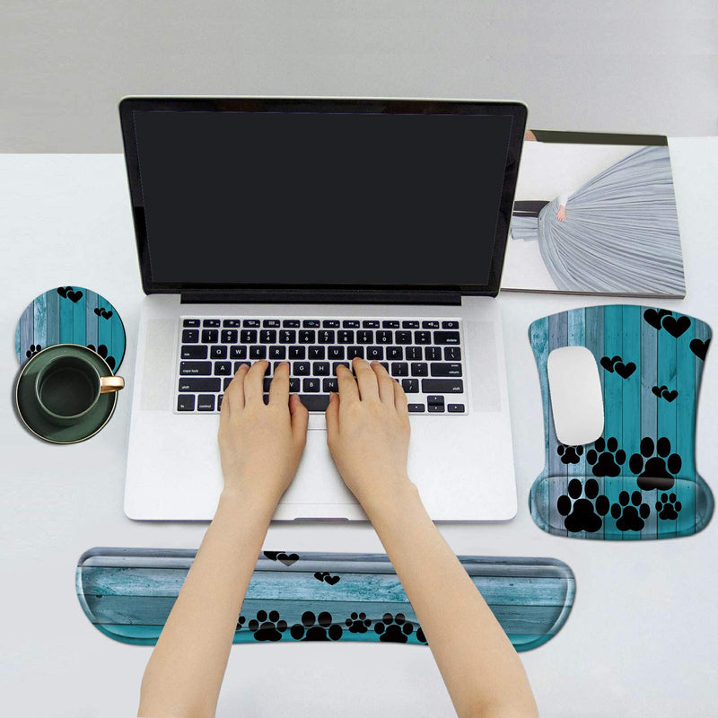 [Australia - AusPower] - Mouse Pad with Wrist Support and Keyboard Wrist Rest Set, Ergonomic Raised Memory Foam Set Plus Cup Coaster for Computer Laptop, Non Slip Rubber for Easy Typing & Pain Relief, Black Dog Paw 