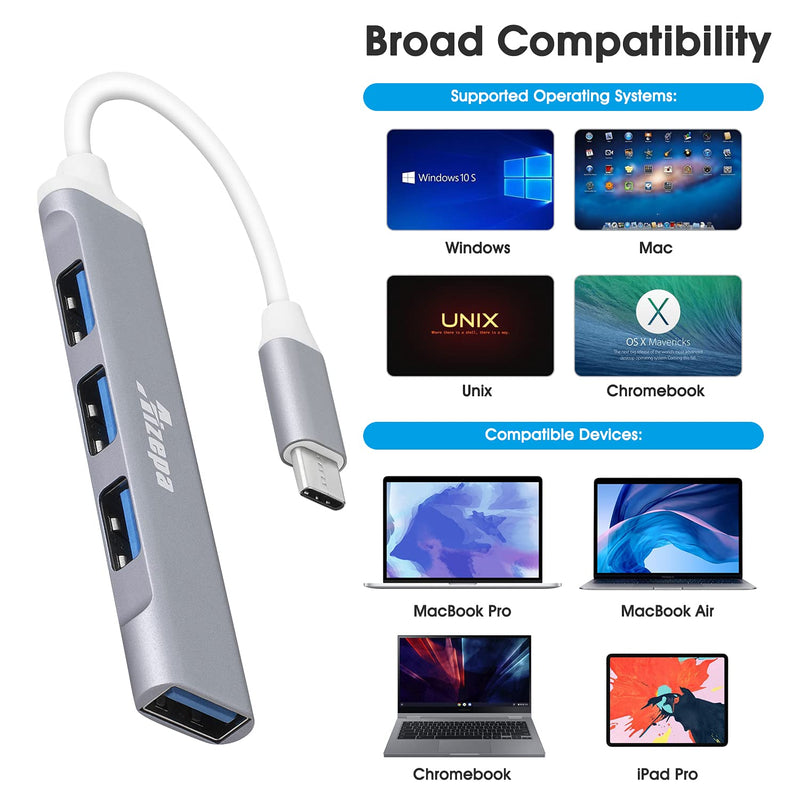 [Australia - AusPower] - Aizepa USB Type C Hub, 4 in 1 USB Adapter with 1 USB 3.0, 3 USB 2.0 Ports, Applicable for MacBook Pro/Air, Google Chromebook Pixelbook, XPS, Samsung, Flash Drive and More USB Type C Devices Grey 