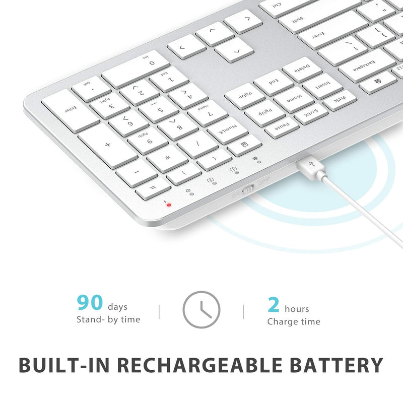 [Australia - AusPower] - iClever GK08 Wireless Keyboard and Mouse - Rechargeable Keyboard Ergonomic Quiet Full Size Design with Number Pad, 2.4G Stable Connection Slim White Keyboard and Mouse for Windows Mac OS Computer Silver 