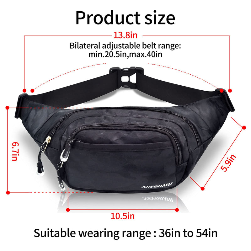[Australia - AusPower] - NSYOOMH Large Fanny Pack for Women & Men, 5-Zipper Pockets Water Resistant Practical Waist Bag, for Outdoor Running Cycling Sports Travel Hiking Fishing Fashion Camo Black Belt Bags 