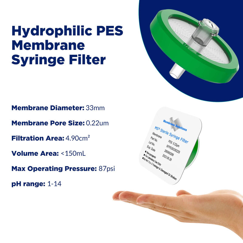 [Australia - AusPower] - 10 Pack Syringe Filter Sterile PES Hydrophilic Filtration 0.22um Pore Size, 33mm Membrane Diameter Sterile PES Membrane Individually Packed by Membrane Solutions 10 