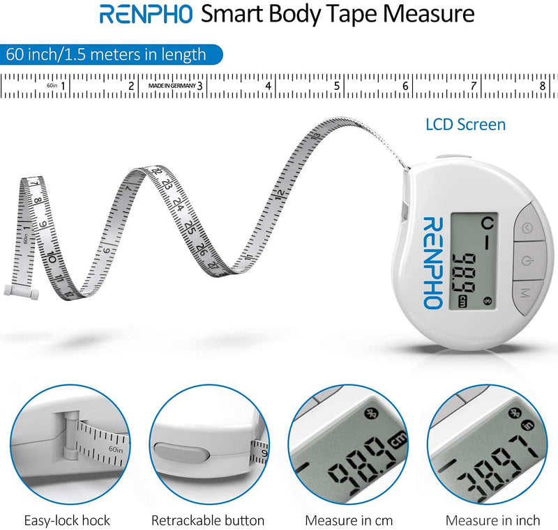 [Australia - AusPower] - Smart Tape Measure Body with App - RENPHO Bluetooth Measuring Tapes for Body Measuring, Weight Loss, Muscle Gain, Fitness Bodybuilding, Retractable, Measures Body Part Circumferences, Inches & cm 