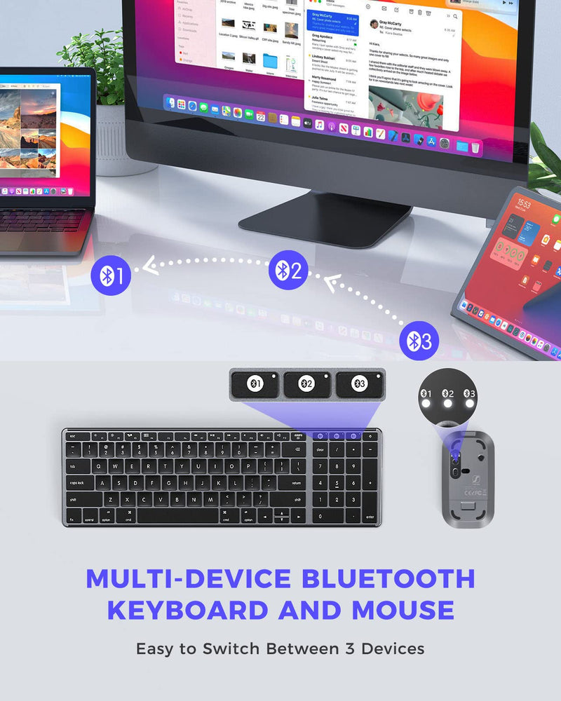 [Australia - AusPower] - seenda Bluetooth Keyboard and Mouse Compatible for Mac, Stainless Steel Multi-Device Keyboard and Mouse Rechargeable with Number Pad, Wireless Keyboard for Mac, iPad, iOS, Buetooth Keyboard 